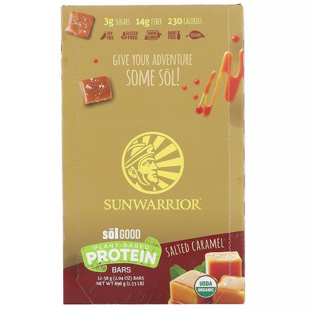 Växtbaserade Proteinbarer, Proteinbarer, Brownies, Kakor: Sunwarrior, Sol Good, Plant-Based Protein Bars, Salted Caramel, 12 Bars, 2.04 oz (58 g) Each