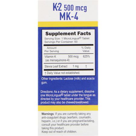 K-Vitamin, Vitaminer, Kosttillskott: Superior Source, Vitamin K-2, 500 mcg, 60 MicroLingual Instant Dissolve Tablets
