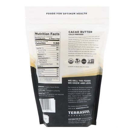 Kakaosmör, Konserver, Spridningar, Knappar: Terrasoul Superfoods, Cacao Butter, Cold-Pressed, 16 oz (454 g)