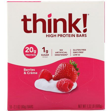 Proteinbarer, Brownies, Kakor, Sportbarer: ThinkThin, High Protein Bars, Berries & Creme, 10 Bars, 2.1 oz (60 g) Each