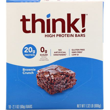 Vassleproteinstänger, Sojaproteinbarer, Proteinstänger, Brownies: ThinkThin, High Protein Bars, Brownie Crunch, 10 Bars, 2.1 oz (60 g) Each