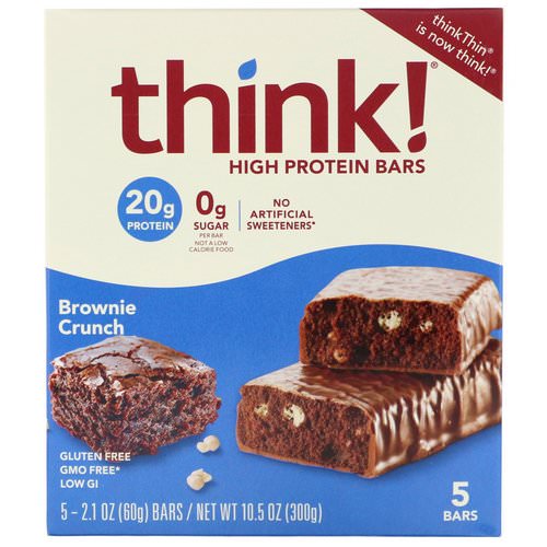 ThinkThin, High Protein Bars, Brownie Crunch, 5 Bars, 2.1 oz (60 g) Each Review
