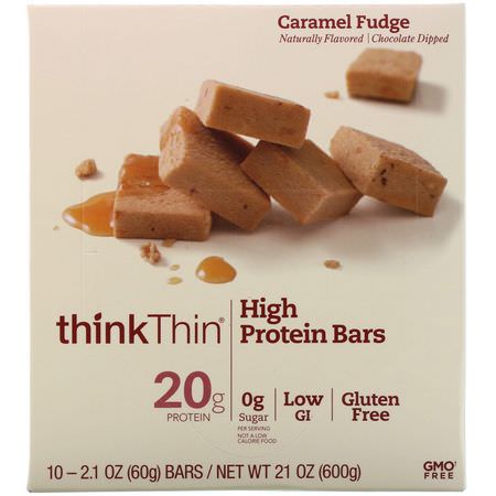 Vassleproteinbarer, Sojaproteinbarer, Proteinbarer, Brownies: ThinkThin, High Protein Bars, Caramel Fudge, 10 Bars, 2.1 oz (60 g) Each