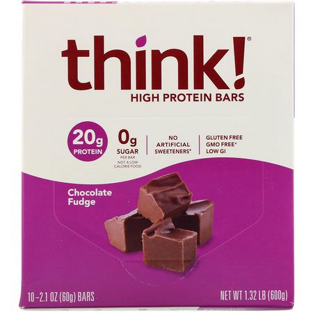 Vassleproteinstänger, Sojaproteinbarer, Proteinstänger, Brownies: ThinkThin, High Protein Bars, Chocolate Fudge, 10 Bars, 2.1 oz (60 g) Each