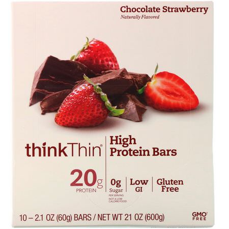 Vassleproteinstänger, Sojaproteinbarer, Proteinbarer, Brownies: ThinkThin, High Protein Bars, Chocolate Strawberry, 10 Bars, 2.1 oz (60 g) Each