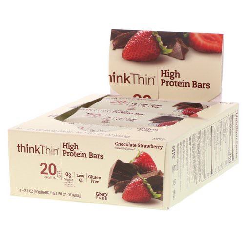 ThinkThin, High Protein Bars, Chocolate Strawberry, 10 Bars, 2.1 oz (60 g) Each Review