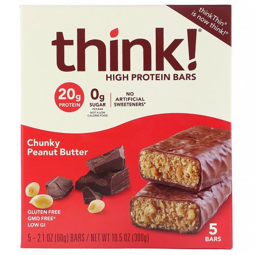 ThinkThin, High Protein Bars, Chunky Peanut Butter, 5 Bars, 2.1 oz (60 g) Each Review
