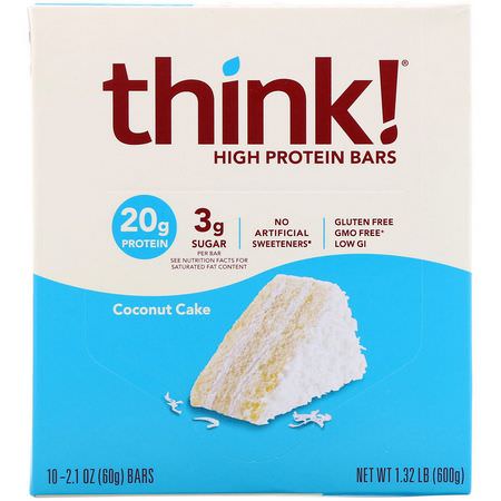 Proteinbarer, Brownies, Kakor, Sportbarer: ThinkThin, High Protein Bars, Coconut Cake, 10 Bars, 2.1 oz (60 g) Each
