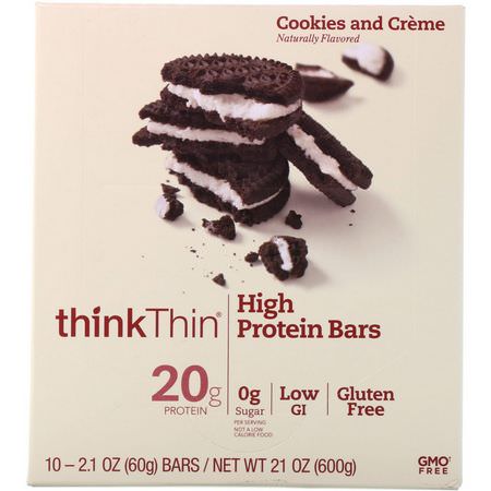 Vassleproteinstänger, Sojaproteinbarer, Proteinbarer, Brownies: ThinkThin, High Protein Bars, Cookies and Cream, 10 Bars, 2.1 oz (60 g) Each