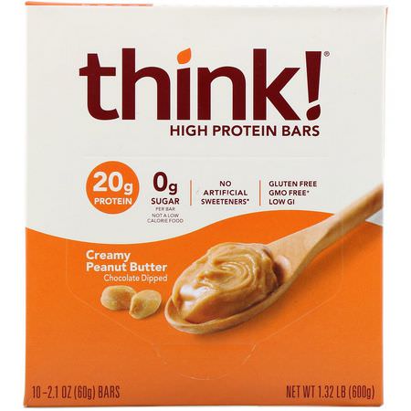Vassleproteinstänger, Sojaproteinbarer, Proteinbarer, Brownies: ThinkThin, High Protein Bars, Creamy Peanut Butter, 10 Bars, 2.1 oz (60 g) Each