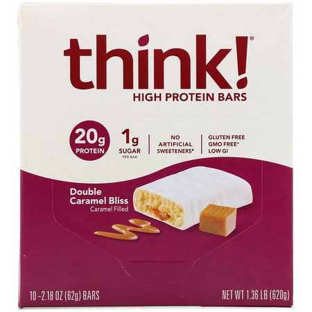 Proteinbarer, Brownies, Kakor, Sportbarer: ThinkThin, High Protein Bars, Double Caramel Bliss, 10 Bars, 2.18 oz (62 g) Each