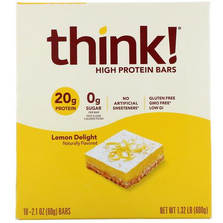 Sojaproteinbarer, Vassleproteinbarer, Proteinbarer, Brownies: ThinkThin, High Protein Bars, Lemon Delight, 10 Bars, 2.1 oz (60 g) Each