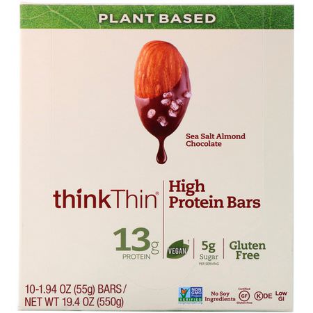 Växtbaserade Proteinbarer, Proteinbarer, Brownies, Kakor: ThinkThin, High Protein Bars, Sea Salt Almond Chocolate, 10 Bars, 1.94 oz (55 g) Each