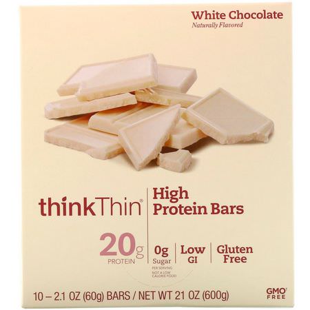 Vassleproteinstänger, Sojaproteinbarer, Proteinstänger, Brownies: ThinkThin, High Protein Bars, White Chocolate, 10 Bars, 2.1 oz (60 g) Each
