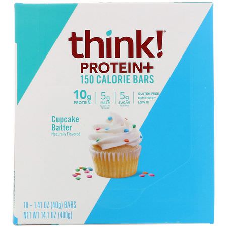 Sojaproteinbarer, Vassleproteinbarer, Proteinbarer, Brownies: ThinkThin, Protein+ 150 Calorie Bars, Cupcake Batter, 10 Bars, 1.41 oz (40 g) Each