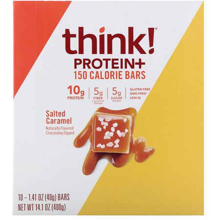Sojaproteinbarer, Vassleproteinbarer, Proteinbarer, Brownies: ThinkThin, Protein+ 150 Calorie Bars, Salted Caramel, 10 Bars, 1.41 oz (40 g) Each