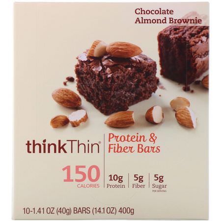 Vassleproteinbarer, Sojaproteinbarer, Proteinbarer, Brownies: ThinkThin, Protein & Fiber Bars, Chocolate Almond Brownie, 10 Bars, 1.41 oz (40 g) Each