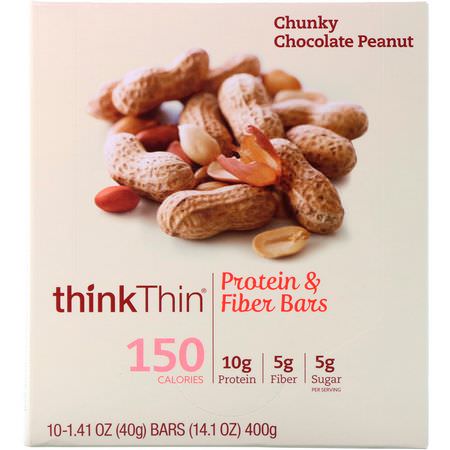 Vassleproteinbarer, Sojaproteinbarer, Proteinbarer, Brownies: ThinkThin, Protein & Fiber Bars, Chunky Chocolate Peanut, 10 Bars, 1.41 oz (40 g) Each