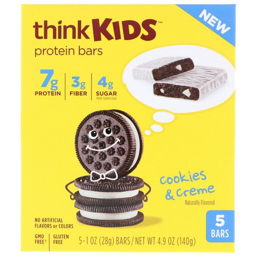 ThinkThin, ThinkKids, Protein Bars, Cookies & Creme, 5 Bars, 1 oz (28 g) Each Review