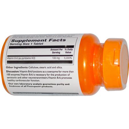 B6 Pyridoxine, Vitamin B, Vitaminer, Kosttillskott: Thompson, B6, 100 mg, 60 Tablets