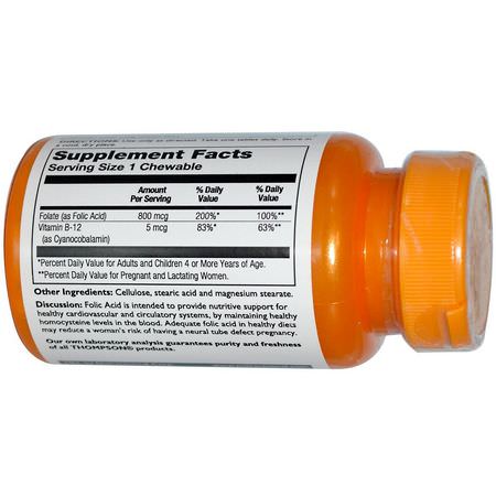 Folsyra, Vitamin B, Vitaminer, Kosttillskott: Thompson, Folic Acid, Plus B-12, 800 mcg, 30 Tablets