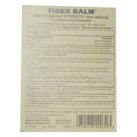 Salvor, Tematik, Första Hjälpen, Medicinskåpet: Tiger Balm, Pain Relieving Ointment, White Regular Strength, 0.14 oz (4 g)
