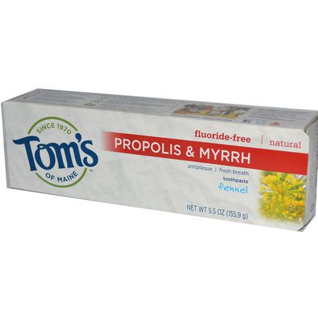 Fluorfri, Tandkräm, Munvård, Bad: Tom's of Maine, Natural Antiplaque, Propolis & Myrrh Toothpaste, Fluoride-Free, Fennel, 5.5 oz (155.9 g)