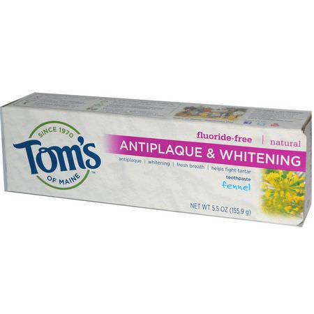 Whitening, Fluor Free, Tandkräm, Oral Care: Tom's of Maine, Natural Antiplaque & Whitening Toothpaste, Fluoride-Free, Fennel, 5.5 oz (155.9 g)