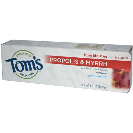 Fluorfri, Tandkräm, Munvård, Bad: Tom's of Maine, Propolis & Myrrh, Fluoride-Free Toothpaste, Cinnamint, 5.5 oz (155.9 g)