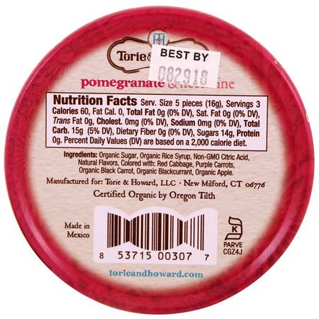 Godis, Choklad: Torie & Howard, Organic, Hard Candy, Pomegranate & Nectarine, 2 oz (57 g)