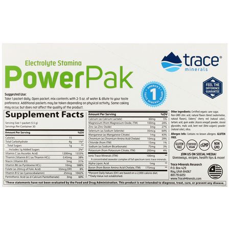 C-Vitamin, Vitaminer, Kosttillskott, Elektrolyter: Trace Minerals Research, Electrolyte Stamina, Power Pak, Watermelon Effervescent, 30 Packets, 0.19 oz (5.5 g) Each