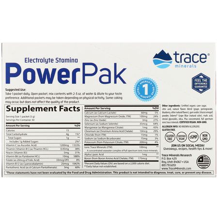 Elektrolyter, Hydrering, Sporttillskott, Sportnäring: Trace Minerals Research, Electrolyte Stamina, PowerPak, Pomegranate Blueberry, 1200 mg, 30 Packets, 0.18 oz (5 g) Each