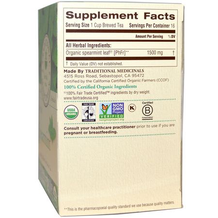 Örtte, Medicinska Teer: Traditional Medicinals, Herbal Teas, Organic Spearmint, Naturally Caffeine Free, 16 Wrapped Tea Bags, .85 oz (24 g)