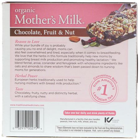 Snack Bars, Lactation Support, Maternity, Moms: Traditional Medicinals, Mother's Milk, Chocolate, Fruit, & Nut, 6 Individually Wrapped Bars, 7.2 oz (204 g)