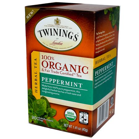 Pepparmintte, Örtte Te: Twinings, 100% Organic Herbal Tea, Peppermint, 20 Tea Bags, 1.41 oz (40 g)