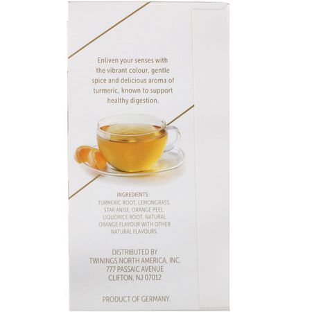 Gurkmeja Te: Twinings, Soothe Herbal Tea, Turmeric, Orange and Star Anise, Caffeine Free, 18 Tea Bags, 1.27 oz (36 g)