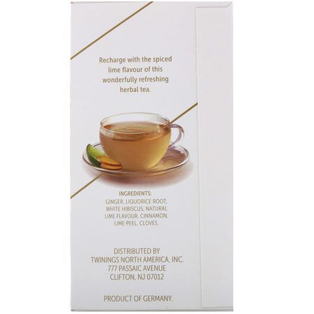Ingefära Te, Örtte Te: Twinings, Support Herbal Tea, White Hibiscus, Lime & Ginger, Caffeine Free, 18 Tea Bags, 0.95 oz (27 g)