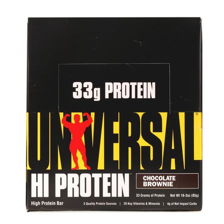 Vassleproteinstänger, Sojaproteinbarer: Universal Nutrition, Hi Protein Bar, Chocolate Brownie, 16 Bars, 3 oz (85 g) Each