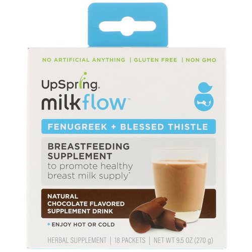 UpSpring, Milkflow, Fenugreek + Blessed Thistle Supplement Drink, Natural Chocolate Flavor, 18 Packets, (15 g) Each Review