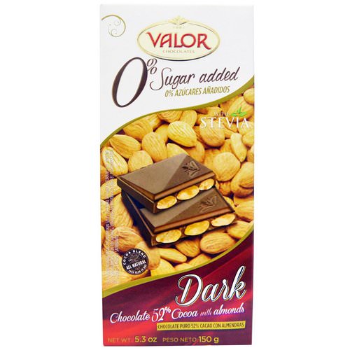 Valor, 0% Sugar Added, Dark Chocolate, 52% Cocoa with Almonds, 5.3 oz (150 g) Review
