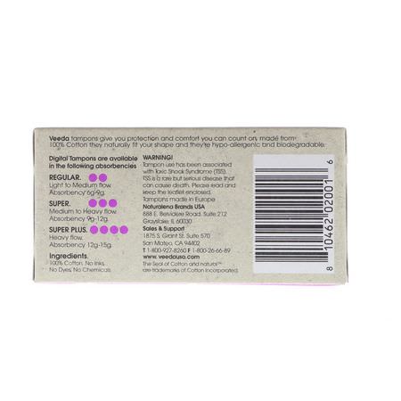 Tamponger, Feminin Hygien, Bad: Veeda, 100% Natural Cotton Tampon, Super, 16 Tampons