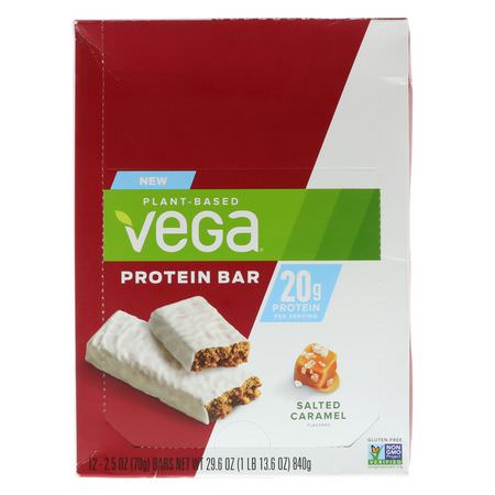 Växtbaserade Proteinbarer, Proteinbarer, Brownies, Kakor: Vega, Protein Bar, Salted Caramel, 12 Bars, 2.5 oz (70 g) Each