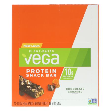 Växtbaserade Proteinbarer, Proteinbarer, Brownies, Kakor: Vega, Snack Bar, Chocolate Caramel, 12 Bars, 1.6 oz (45 g) Each