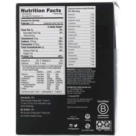 Växtbaserat, Växtbaserat Protein, Idrottsnäring: Vega, Protein, Chocolate, 12 Pack, 1.6 oz (44 g) Each