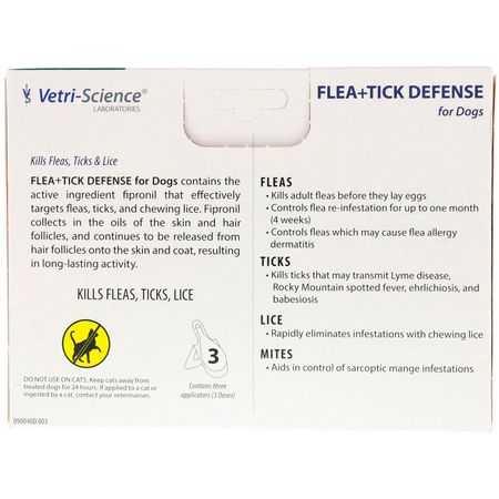 Tick Defense, Loppa, Husdjurshälsa, Husdjur: Vetri-Science, Flea + Tick Defense for Dogs 45-88 lbs, 3 Applicators, 0.091 fl oz Each