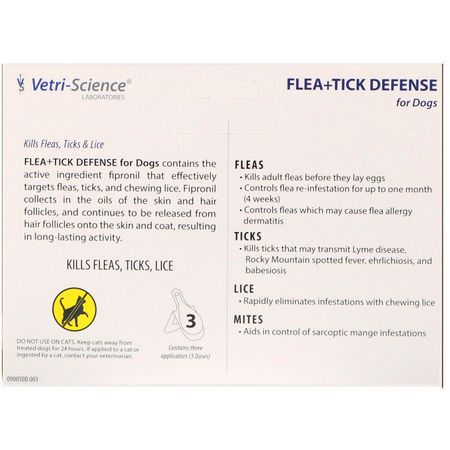 Tick Defense, Loppa, Husdjurshälsa, Husdjur: Vetri-Science, Flea + Tick Defense for Dogs 89-132 lbs, 3 Applicators, 0.136 fl oz Each