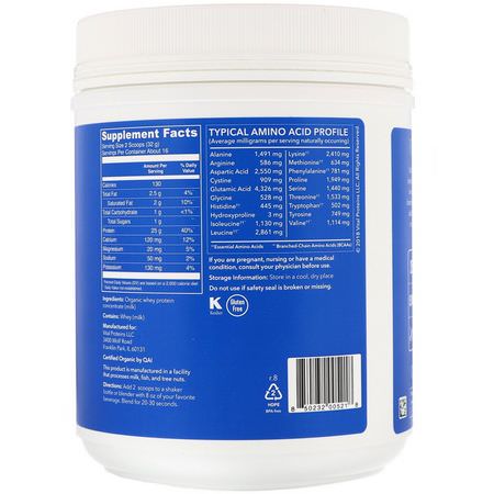 Vassleprotein, Idrottsnäring: Vital Proteins, Organic Whey Protein, Unflavored, 1.1 lbs (512 g)