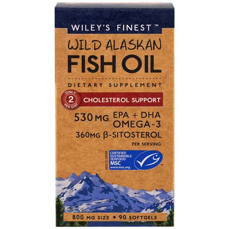 Blodstöd, Omega-3 Fiskolja, Omegas Epa Dha, Fiskolja: Wiley's Finest, Wild Alaskan Fish Oil, Cholesterol Support, 90 Softgels