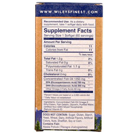 Omega-3 Fiskolja, Omegas Epa Dha, Fiskolja, Kosttillskott: Wiley's Finest, Wild Alaskan Fish Oil, Peak EPA, 1250 mg, 60 Fish Softgels