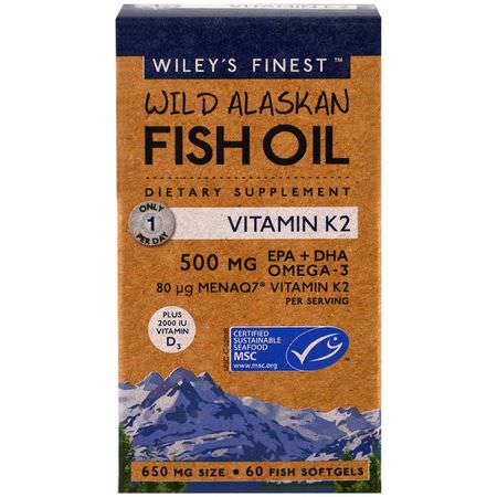 Omega-3 Fiskolja, Omegas Epa Dha, Fiskolja, Kosttillskott: Wiley's Finest, Wild Alaskan Fish Oil, Vitamin K2, 60 Fish Oil Softgels